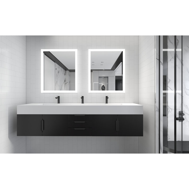 Meuble-lavabo mural double l 84 po x P 19 po x H 20 po Roghan, Blanc, Noir, Noir
