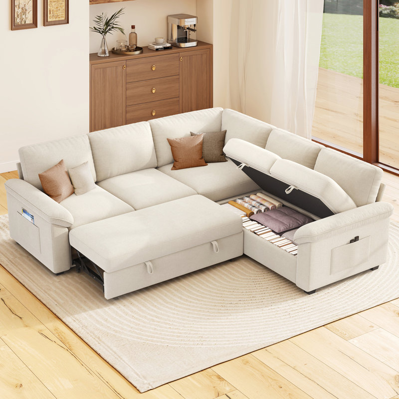 Canapé d'angle convertible Belrose 82 po en lin, beige, avec lit gigogne et rangement sous l'assise, Lin beige