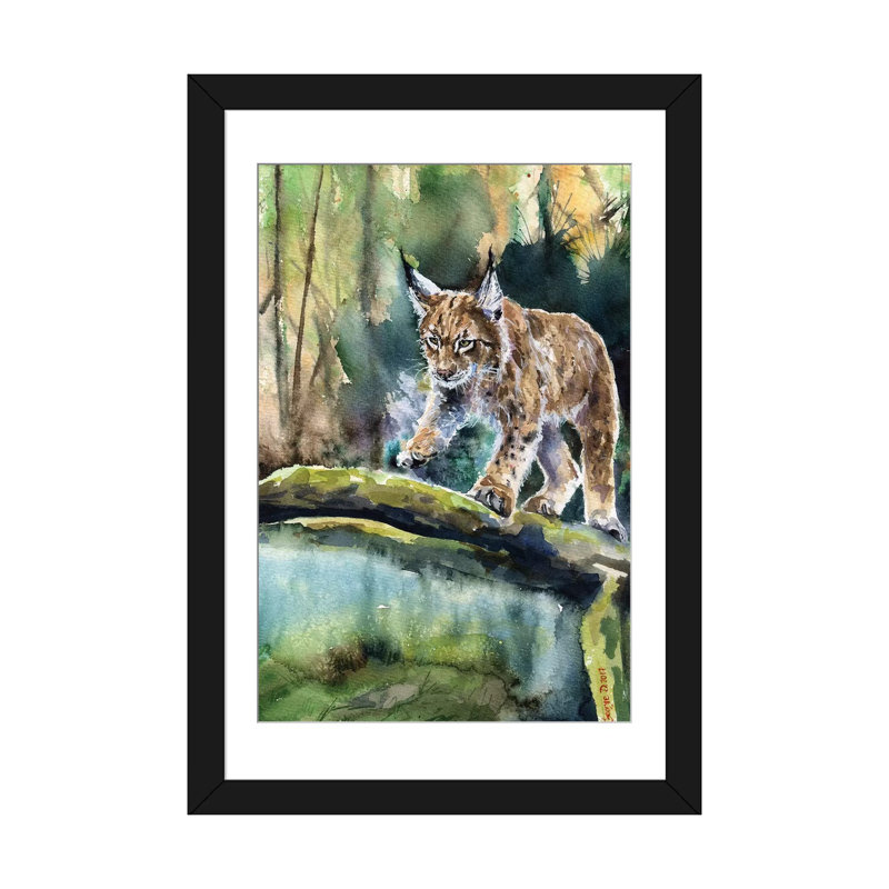 Lynx par George Dyachenko - reproduction sur toile tendue, H 24 po x l 16 po x P 1 po, Papier beaux-arts encadré noir, Blanc