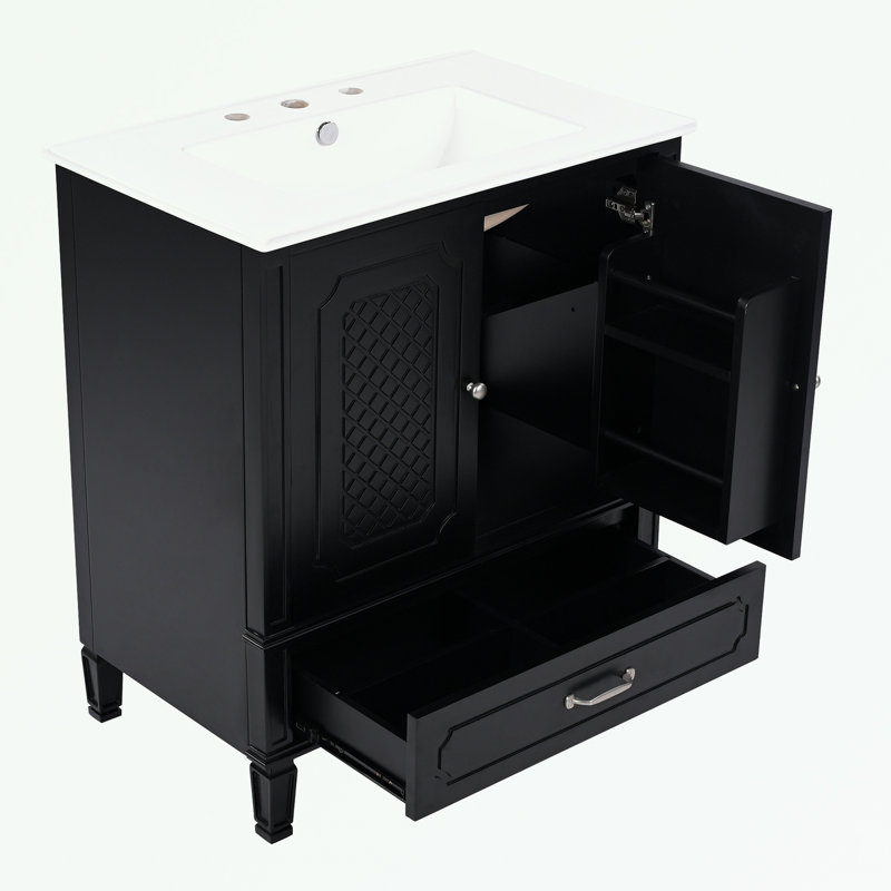 Meuble-lavabo de salle de bain avec lavabo, tablette de porte et porte à fermeture douce, Noir, noir, noir, noir