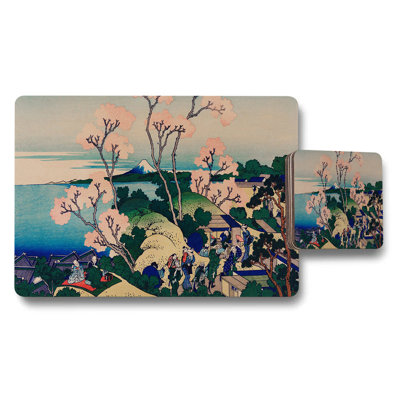 Japanese Art Landscape Placemat and Coaster Set With Cherry Blossoms