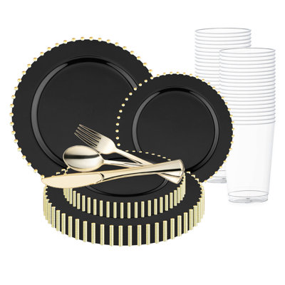 Black with Gold Pearl String Round Disposable Plastic Wedding Value Set - 30 Settings