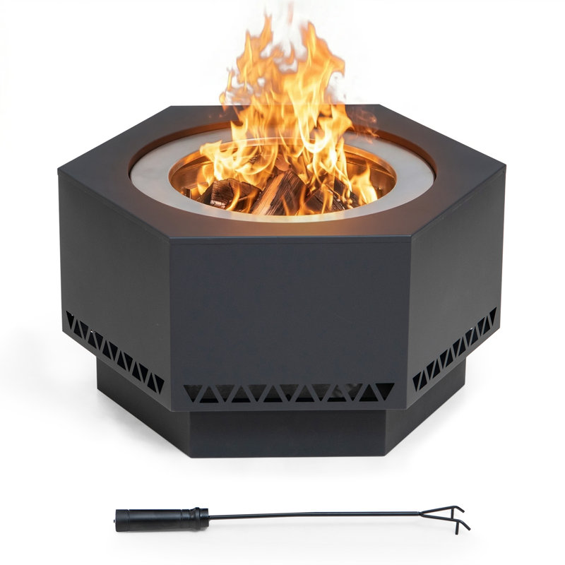 Sunjoy 28 in. Modern Hexagonal Stainless Steel Smokeless Fire Pit - Portable Wood Burning Stove for Patio & Backyard