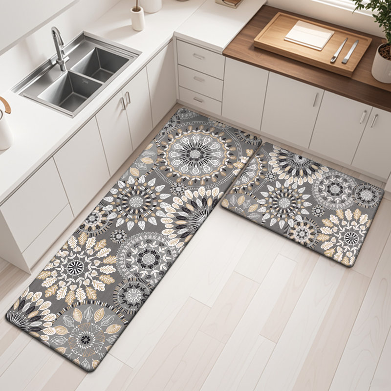 Jalissia Anti-Fatigue Non-Skid Kitchen Mat, Gray/Beige/Black/Tan, Runner 20" x 31.5" + 20" x 59"