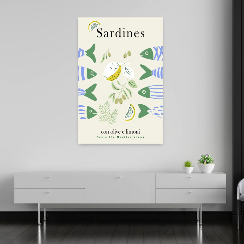 Art mural sardines, olives, citrons, poisson minimaliste, H 60 po x l 40 po