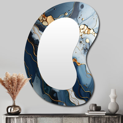 Art géométrique doré et bleu Geancarlo II - miroir mural décoratif à encre liquide, miroir asymétrique moderne, impression sur métal