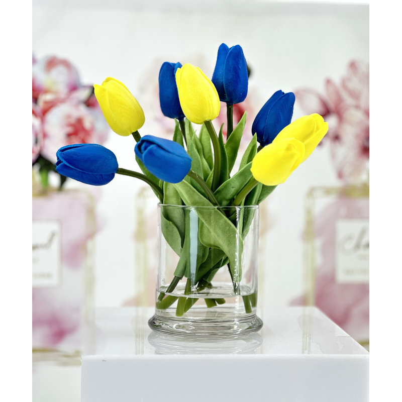 Petite tête en faux tulipes dans un vase, centre de table de petite taille, Bleu/jaune