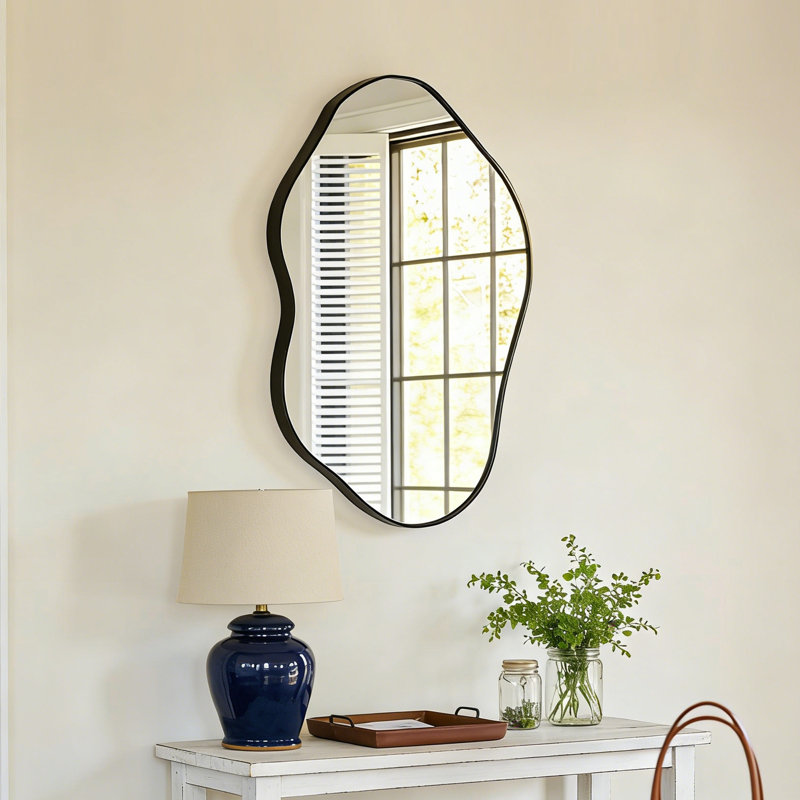 Cloud Shaped Wall Mirror, 44"x32" Black Metal Frame Decorative Mirror For Bathroom, Living Room, Bedroom, Entryway – Modern Asymmetrical Vanity Mirror With Tempered Glass