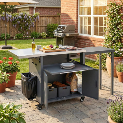 Nova Outdoor Dual Foldable Grill Cart with Storage Cabinet, Trash Rack & Lockable Wheels