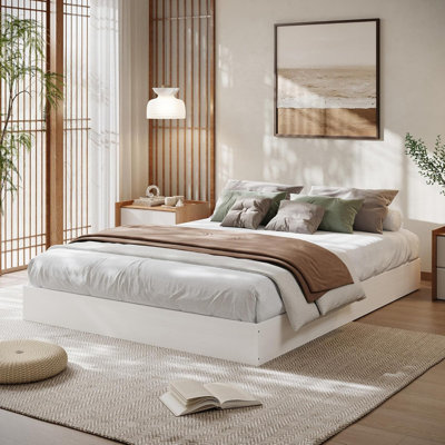 Structure de lit plateforme, support de lattes en bois, aucun sommier requis, assemblage facile et style moderne