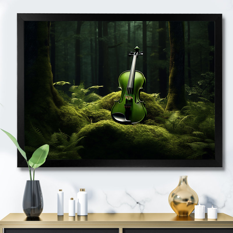 Violon verdure dans la forêt III - musique sur toile, art mural, Cadre flottant noir, H 34 po x l 44 po x P 1,5 po