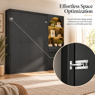 Grand lit plateforme escamotable de 87,4 po avec armoire à DEL et tiroir de rangement Zak
