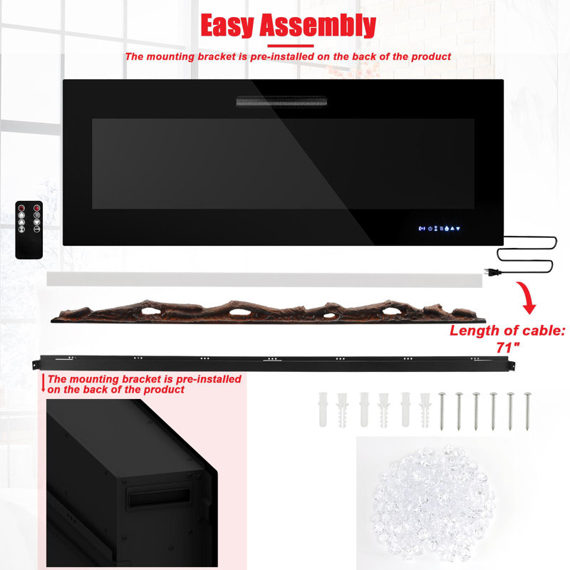 Datus Symple Stuff Black Electric Fireplace Insert, 19" H x 50" W x 5.1" D