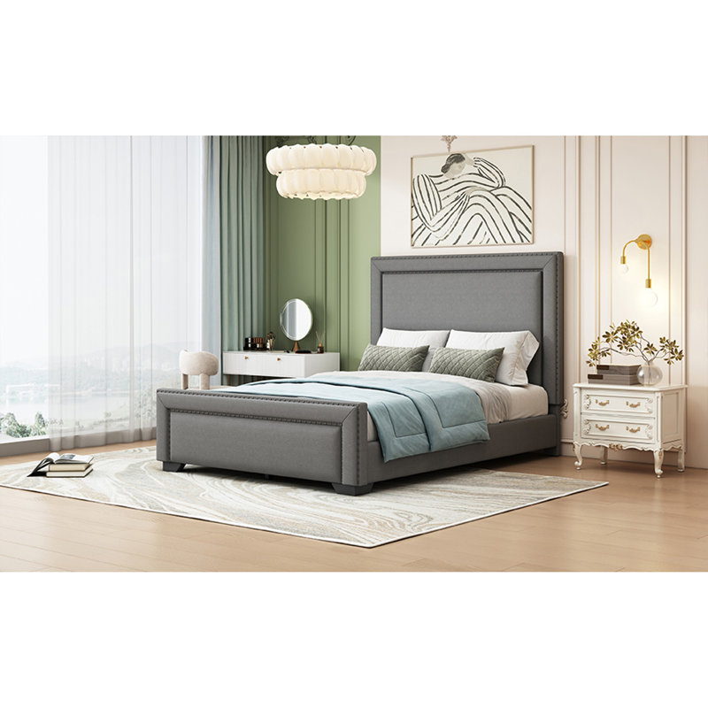 Grand lit plateforme tapissier avec tête de lit plus grande Shreve, gris
