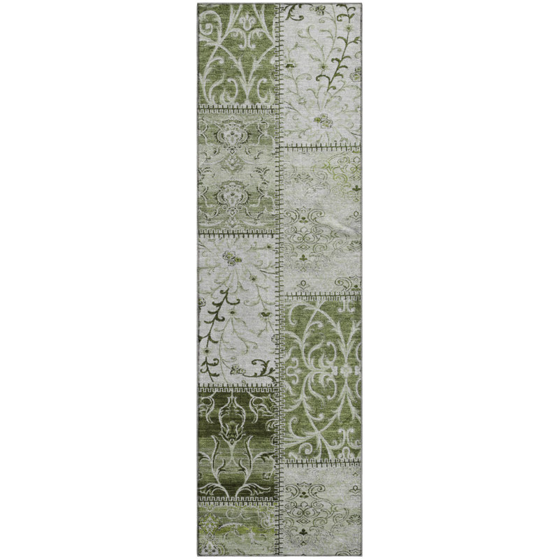 Premium Machine Washable Cerrito AMF566 Green Rug, Runner 2'3" x 7'6"