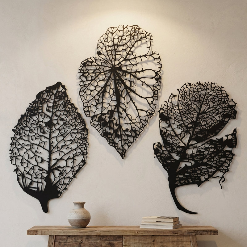 Ensemble d'art mural 3 feuilles en métal, Noir, H 37 po x l 23 po