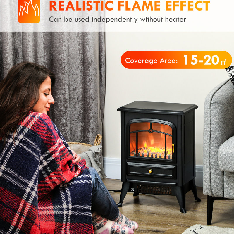 Foyer électrique 21 po avec flammes et bûches à DEL, 750 W / 1 500 W, poêle noir, protection contre la surchauffe, foyer autoportant de 216 pieds carrés, chaleur protégée réaliste