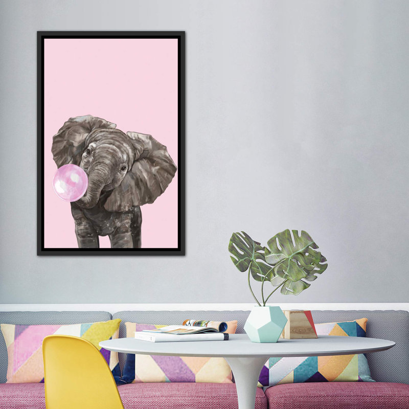 Art d’éléphant de gomme à bulles, H 60 po x l 40po x P 1,5 po, Toile avec cadre noir