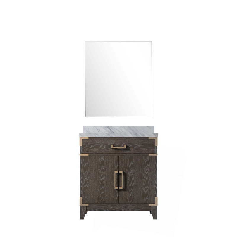 Meuble-lavabo simple, comptoir en marbre de Carrare et miroir, Brun