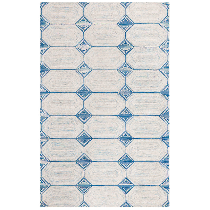 Kolb Hand Tufted Wool/Cotton Geometric Rug in Ivory/Blue, Rectangle 4' x 6'