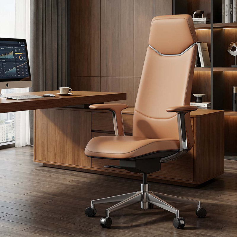 Genuine Leather Executive Chair, Swivel Ergonomic Office Chair, High Back Desk Chair with Tilt Reclining, Aluminum Alloy Base, Adjustable Height