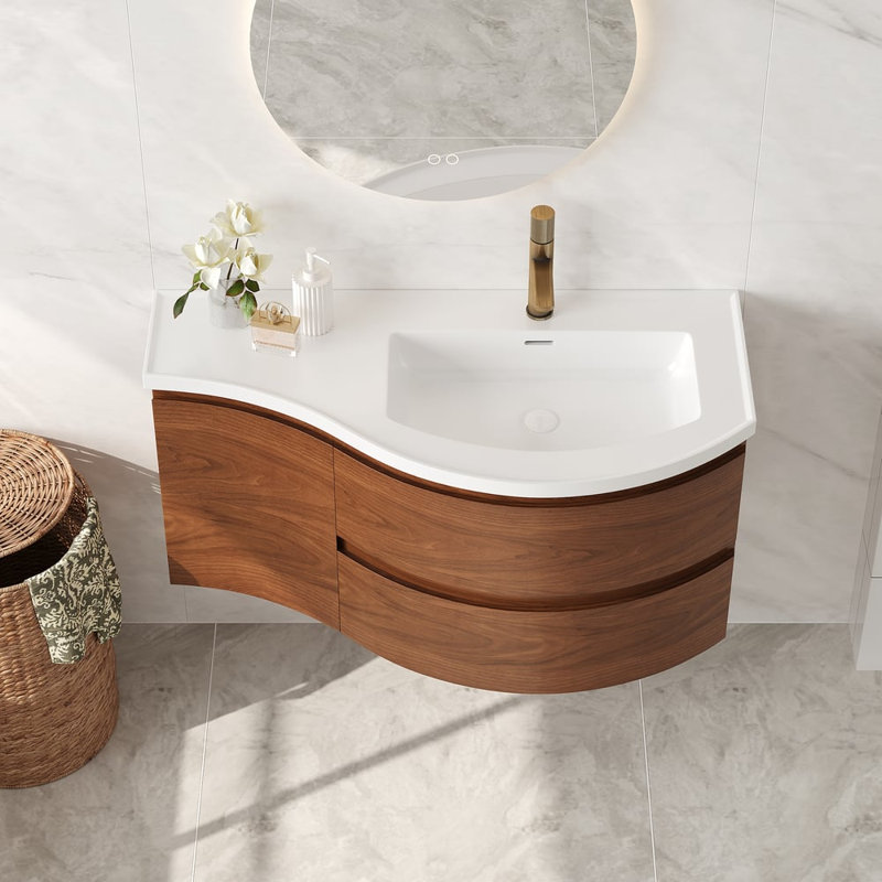Meuble-lavabo mural incurvé gris de 35 po avec comptoir en résine de pierre, lavabo encastré et robinet monotrou, Oui, Gris