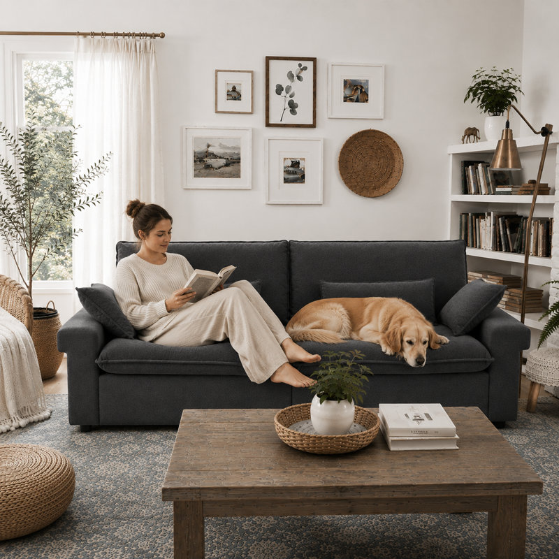 94” Chenille Casual Upholstered Cloud Sofa with 4 Throw Pillows, Dark Gray
