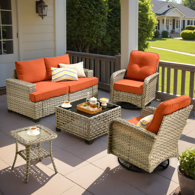 Tommy Outdoor Wicker 4 Person Seating Group With Cushions, Red