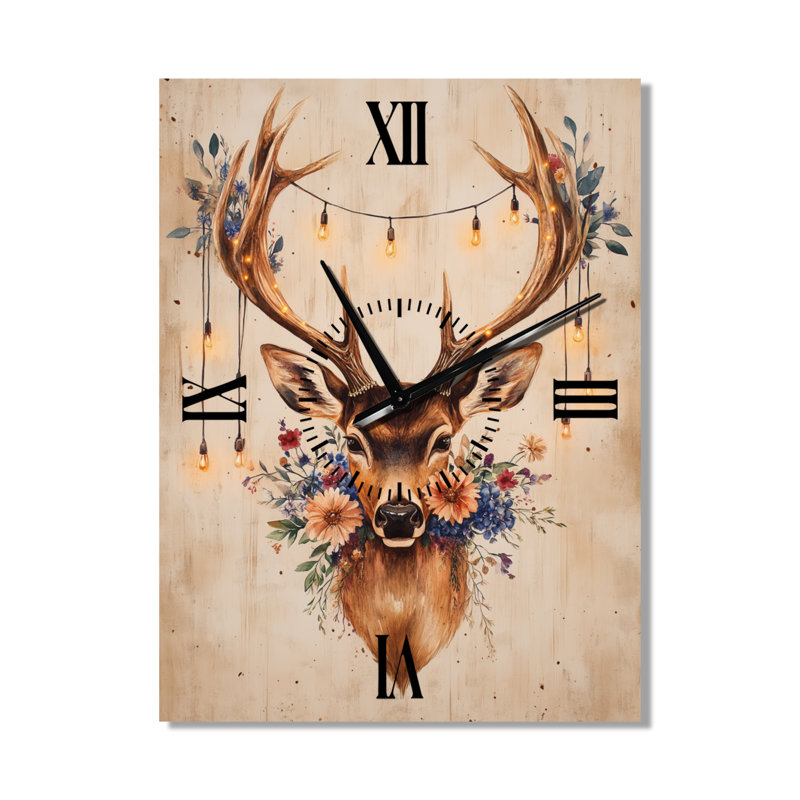 Horloge murale en métal Lodge - Composition rustique de cerfs et de fleurs pour Noël I, H 32 po x l 24 po - Rectangle