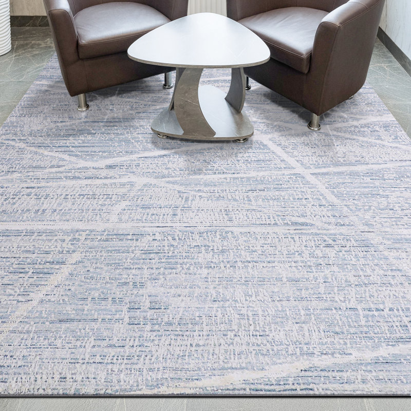 Tapis abstrait noué à la main ivoire / bleu sarcelle / bleu, Rectangle 9 pi x 12 pi