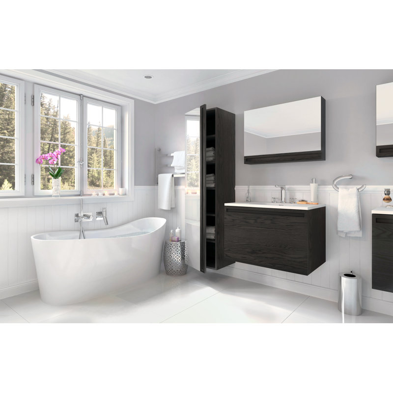 Wave 57.63" x 26.25" x 24.81" Freestanding Solid Surface Soaker Tub, White Matte, Brushed Nickel