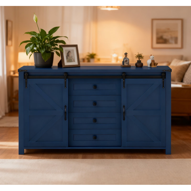 55.1-Inch Sideboard With Storage,Farmhouse Storage Cabinet With Sliding Barn Doors And 4 Drawers, Wood Buffet Table With Power Outlet,Navy Blue