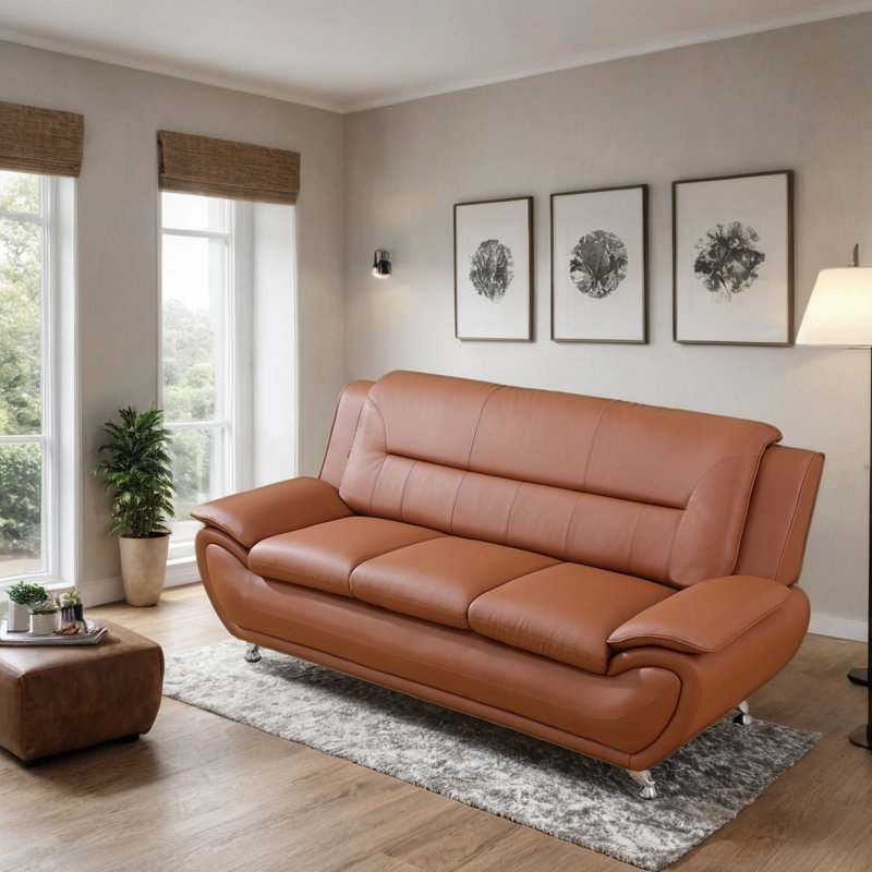 79'' Faux Leather Minimalist Sofa, Orange, 36" H x 79" W x 35.5" D