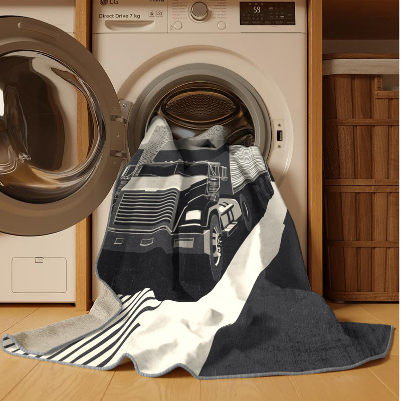 Machine Washable Vehicles And Transportation Transport Truck Convoy Modern Block Print Rug in Gray – Gray Binding, 7x9
