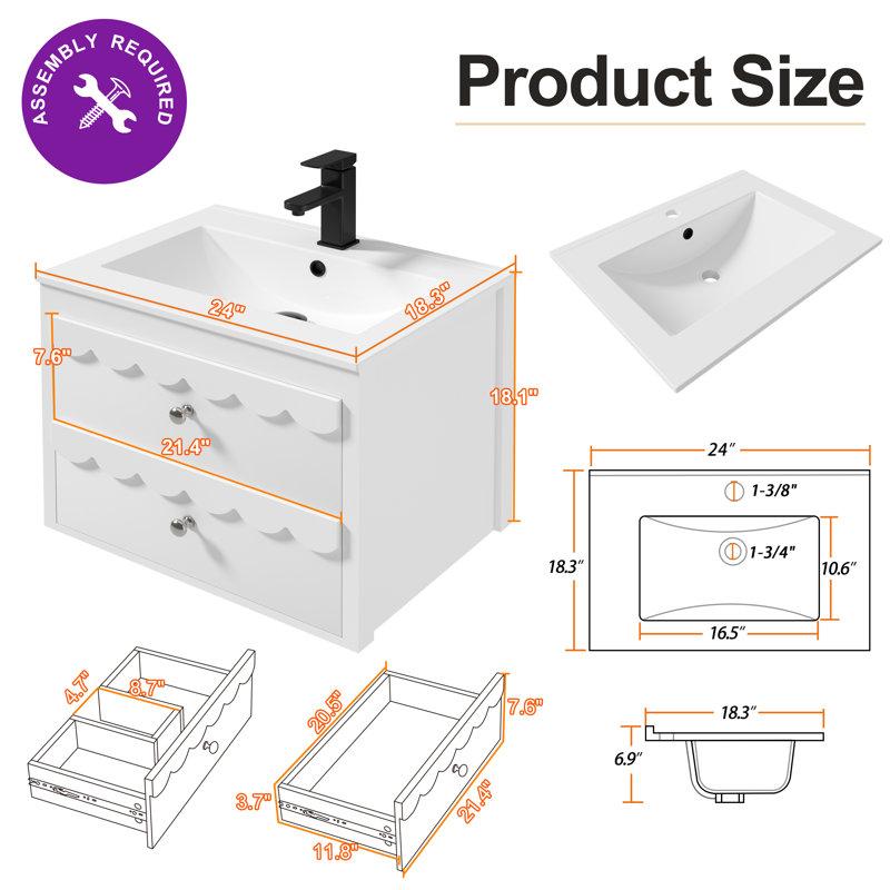 Sharee 24" Wall Mounted Bathroom Vanity Set With Sink Top, Faucet and Drain, Hand Painted Color, White