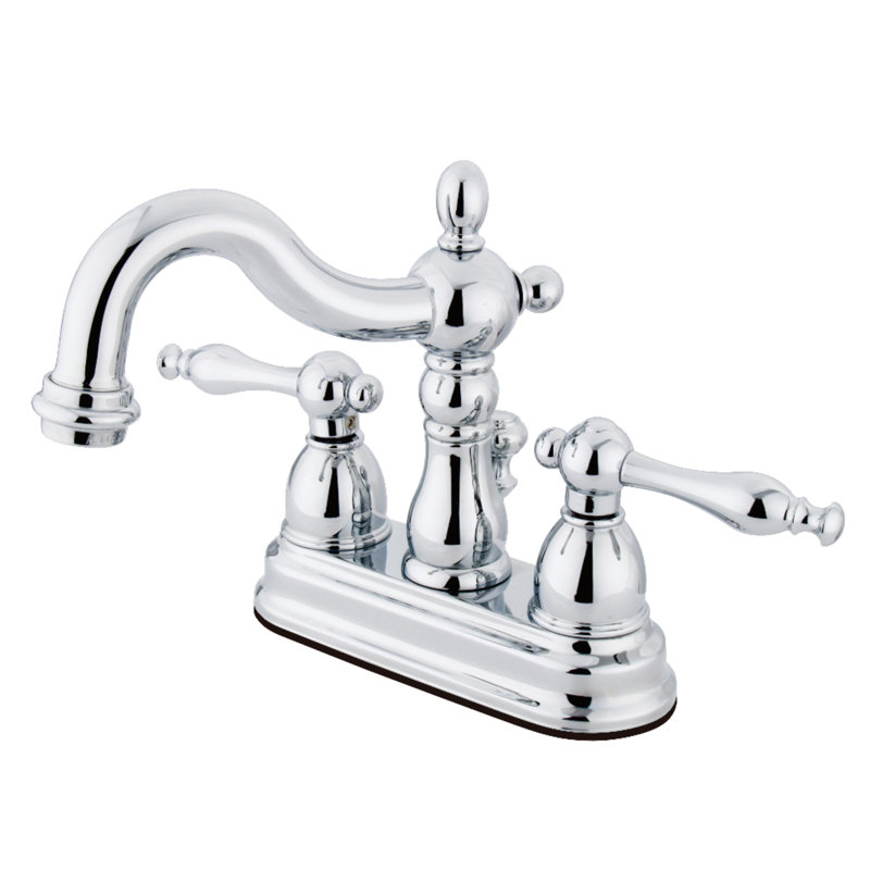 Kingston Brass Heritage Two-Handle 3-Hole Deck Mount 4" Centerset Bathroom Faucet with Plastic Pop-Up, Polished Chrome
