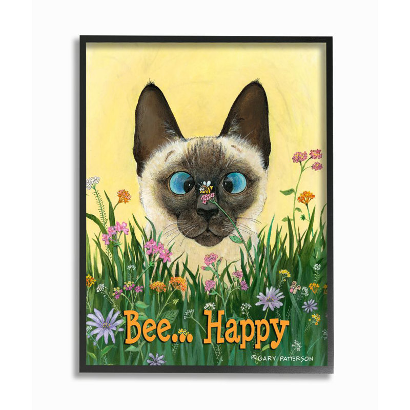 «Bee Happy Funny Cat Animal Design» par Gary Patterson - impression d'art graphique, Giclée encadrée noir minuit