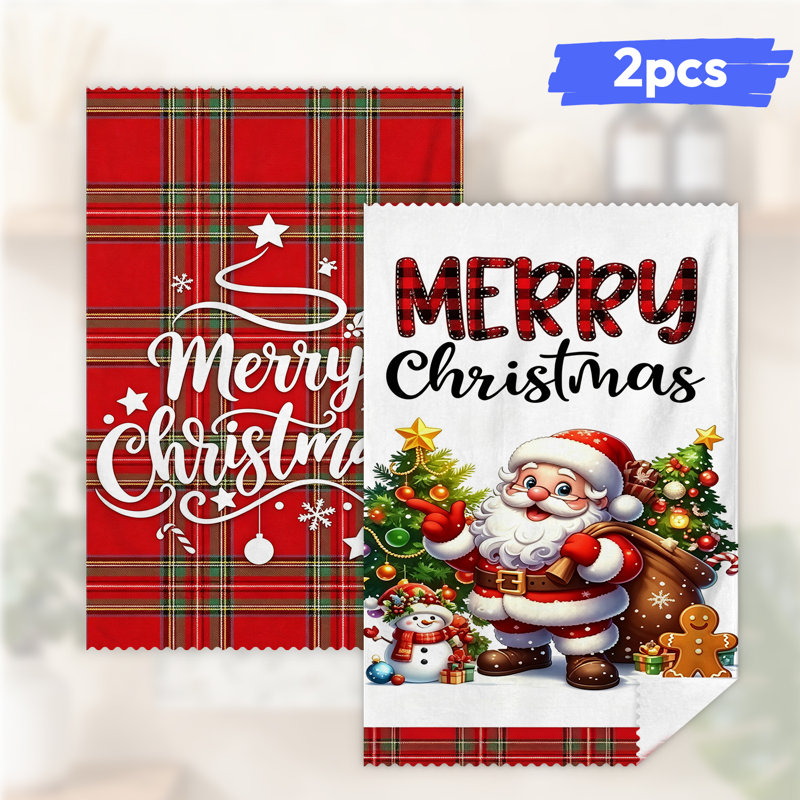  Essuie-tout de Noël en microfibre, linges à vaisselle réutilisables absorbants, décoratifs résistants à la décoloration, 16 po x 24 po, art du père Noël à carreaux rouges