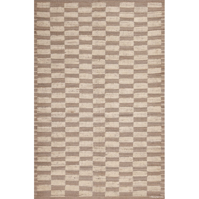 Tapis unique à motif damier moderne gris / ivoire
