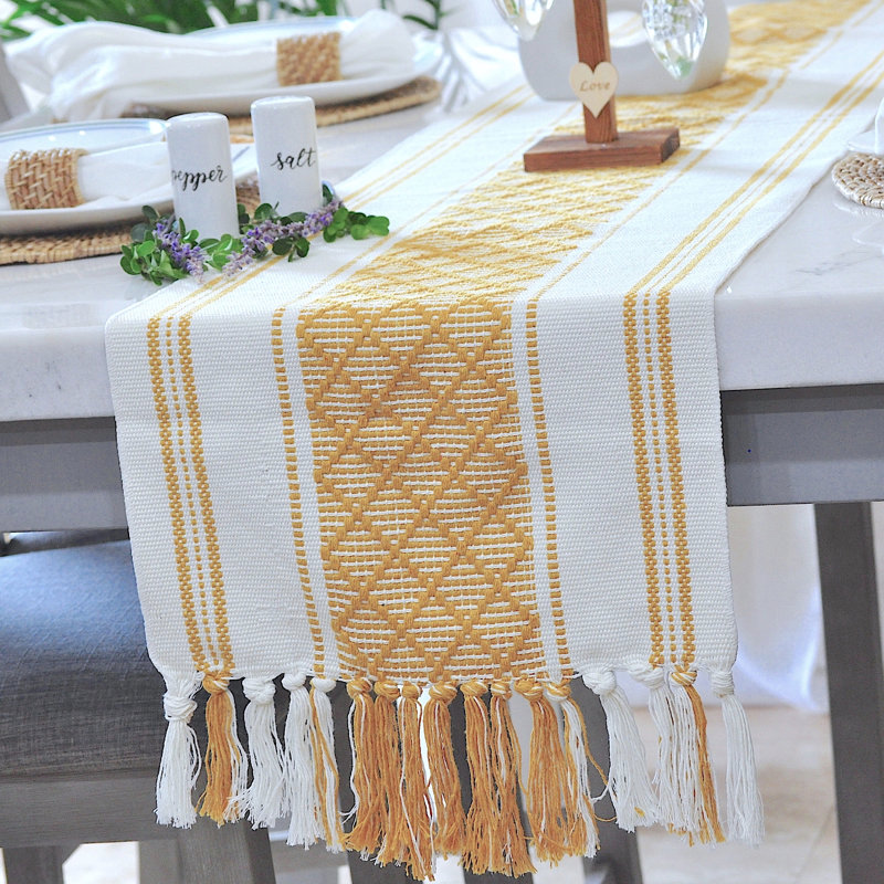 Mustard Yellow and Cream Cotton Boho Table Runner with Tassels