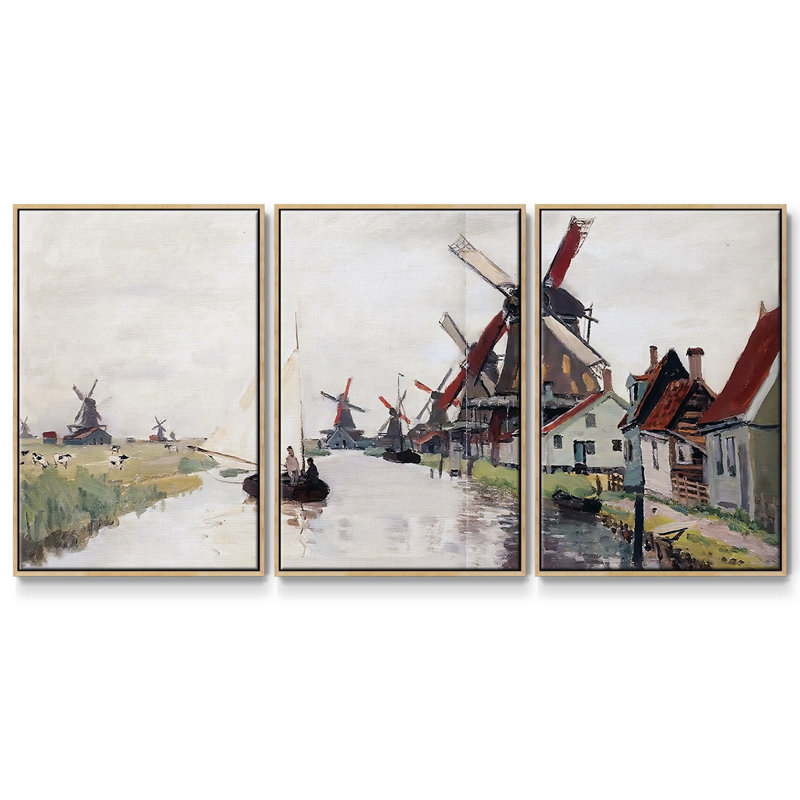 Windmills in Holland, 1871 - Toile encadrée multi-pièces, H 24 po x l 48 po x P 2 po, Naturel