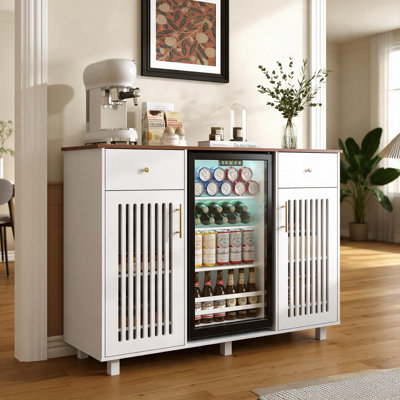 Meuble-bar avec compartiment pour mini-réfrigérateur, prise électrique intégrée, meuble à boissons de style moderne du milieu du siècle avec tiroirs et étagères réglables