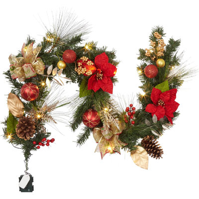 6ft Lighted Christmas Garland, Artificial Pre Lit Xmas Garland Decorations, Red+White