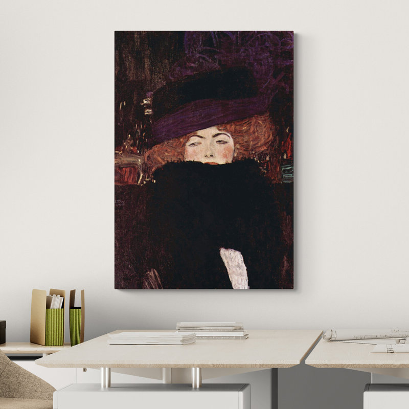 Lady With Hat and Feather Boa by Gustav Klimt - 1 Piece Wrapped Canvas Wall Art, 41 cm H x 31 cm W