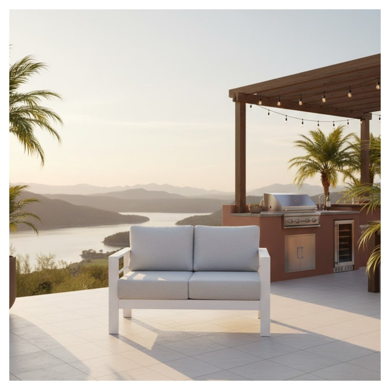 Causeuse de terrasse en aluminium toutes saisons de 50 po avec coussins en oléfine, canapé d'extérieur blanc et gris