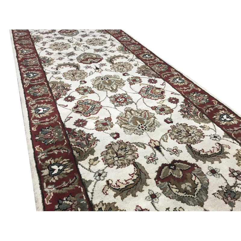Hand-Knotted High-Quality Ivory and Red Runner