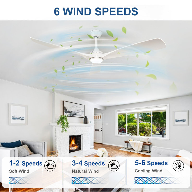 60'' White Modern Ceiling Fan Indoor/Outdoor Fan for Patios with Light and Remote Control 6-Speed Mute Reversible Motor Time