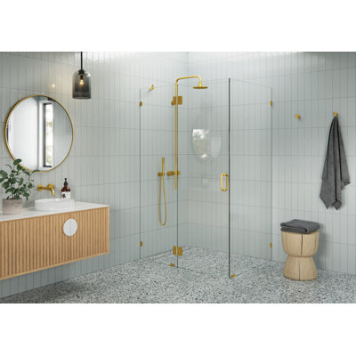 Halo 46 in. x 34.5 in. x 78 in. 90-degree Fully Frameless Glass Hinged Shower Enclosure
