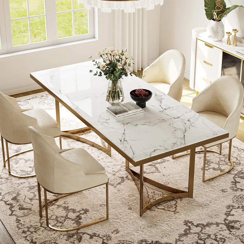 Modern White Faux Marble Dining Table with Double Pedestals Base Pre-Assembly, 29.53"H x 70.87"L x 35.43"W