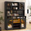 Armoire de garde-manger 71 po avec support à vin, étagère de cuisine avec éclairage à DEL et tablettes réglables, portes en verre arquées 71 po-734242891